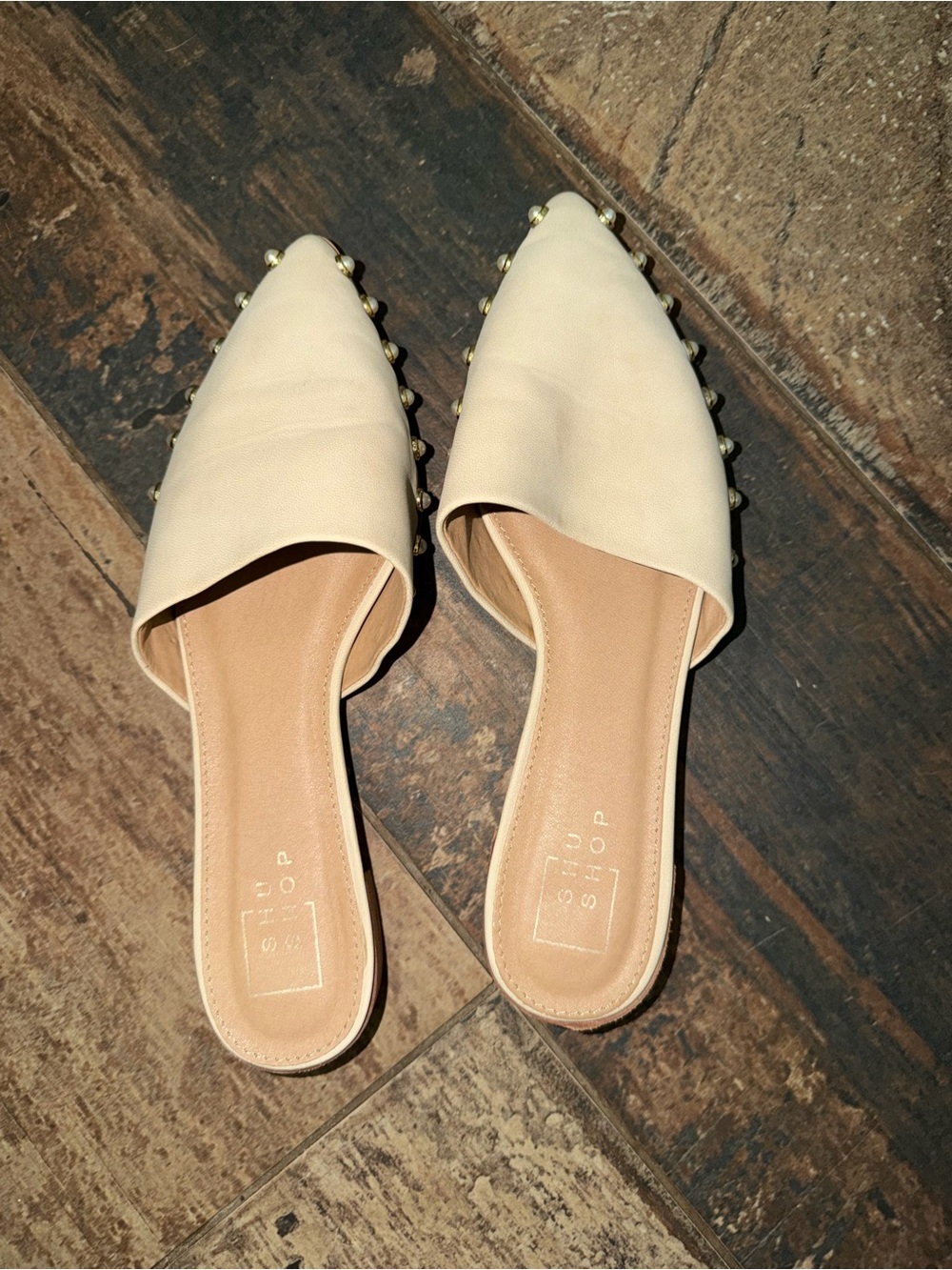 ShuShop Cream Pointed-Toe Studded Slip-On Mules